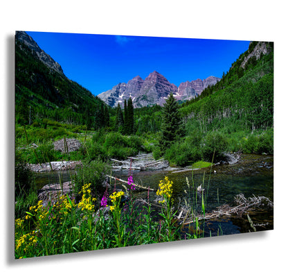 Maroon Bells summer landscape, Aspen Colorado, Colorado wall art, wildflower prints, San Juan mountains, triptych, aspen