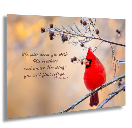 Psalm 91:4, Red Cardinal Bible Verse, Cardinal Scripture Canvas, Christian Inspirational Wall Art, He Will Cover You With His Feathers