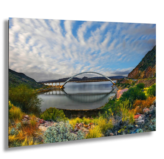 Reflections of Connection: Roosevelt Lake Bridge Arizona Wall Art Scenic Photograph Cloudy Sky Canvas Print