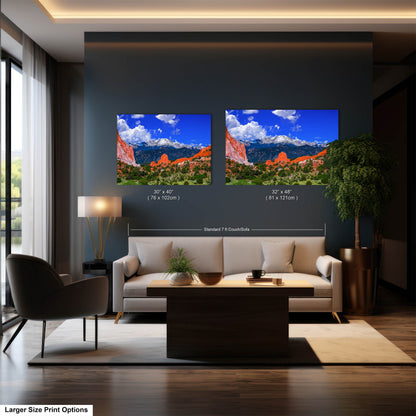 Garden of the gods, Pikes Peak, Colorado Springs, Colorado 14er, Colorado wall art, mountain wall art, man cave art, blue sky