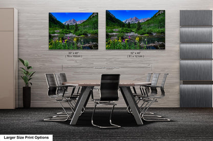 Maroon Bells summer landscape, Aspen Colorado, Colorado wall art, wildflower prints, San Juan mountains, triptych, aspen