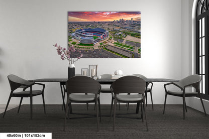 Denver Skyline at Sunrise with Empower Field - Broncos Stadium Aerial Photo