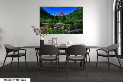 Maroon Bells summer landscape, Aspen Colorado, Colorado wall art, wildflower prints, San Juan mountains, triptych, aspen