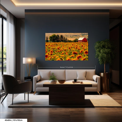 Home Decor Photograph Sunflower Field Landscape Wall Art, Rural America, Red Country Barn, Sunflowers, Northeastern Oregon Landscapes, USA