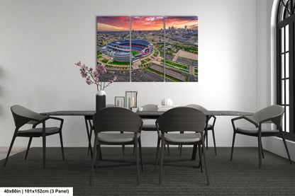 Denver Skyline at Sunrise with Empower Field - Broncos Stadium Aerial Photo