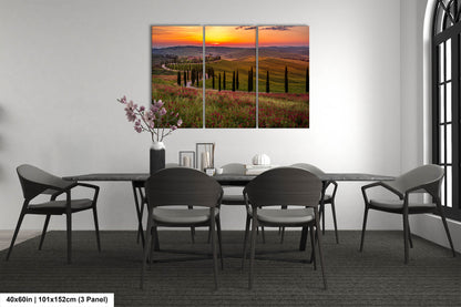 Tuscany, Val d'Orcia, Baccoleno Farmhouse, Cypress Trees, Italy, Poppies, Sunset, Iconic