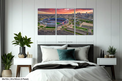 Denver Skyline at Sunrise with Empower Field - Broncos Stadium Aerial Photo