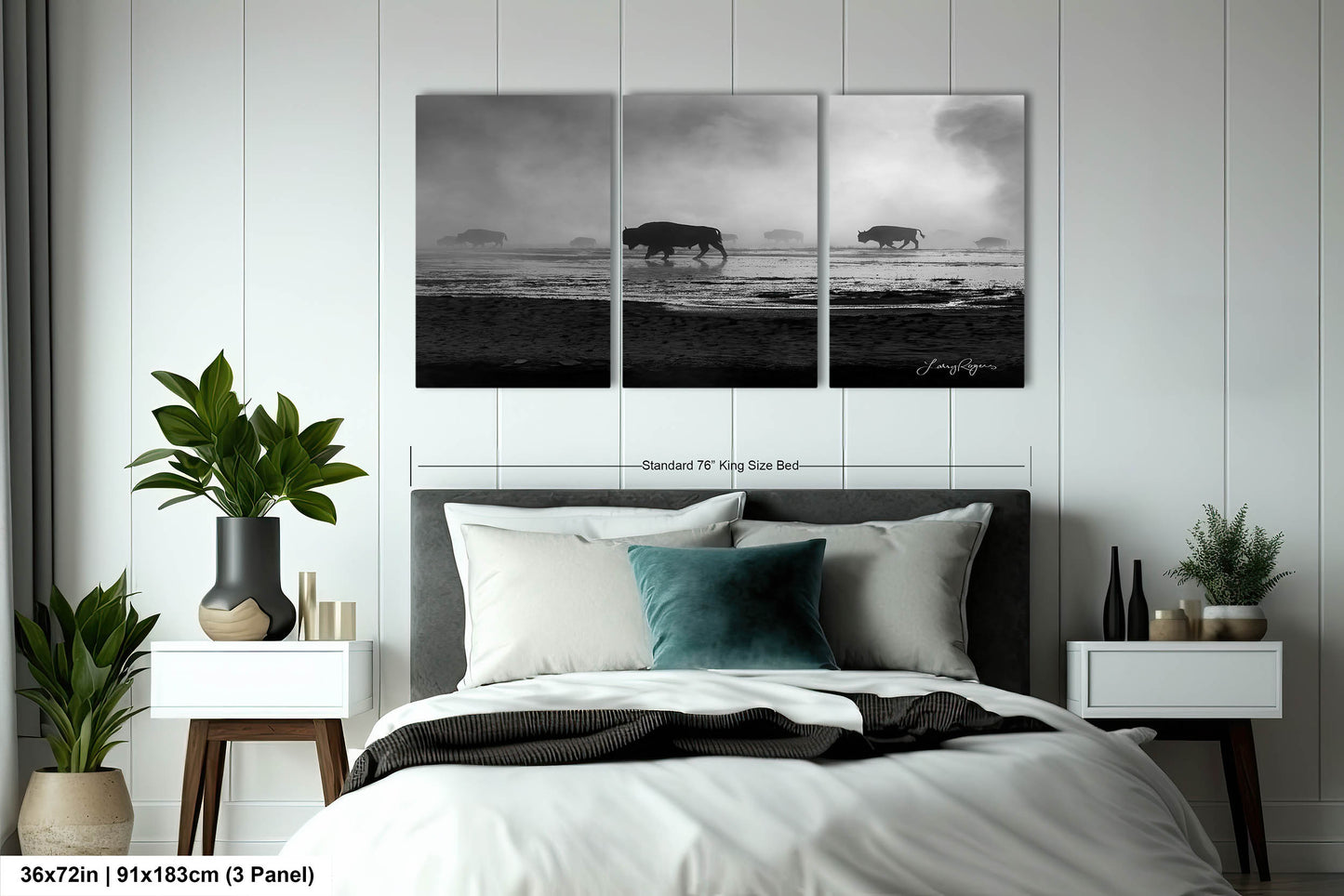 Bison in the Mist, Yellowstone, Western Wall Art, Black & White, Triptych, available on Paper, Canvas, Metal, and Acrylic