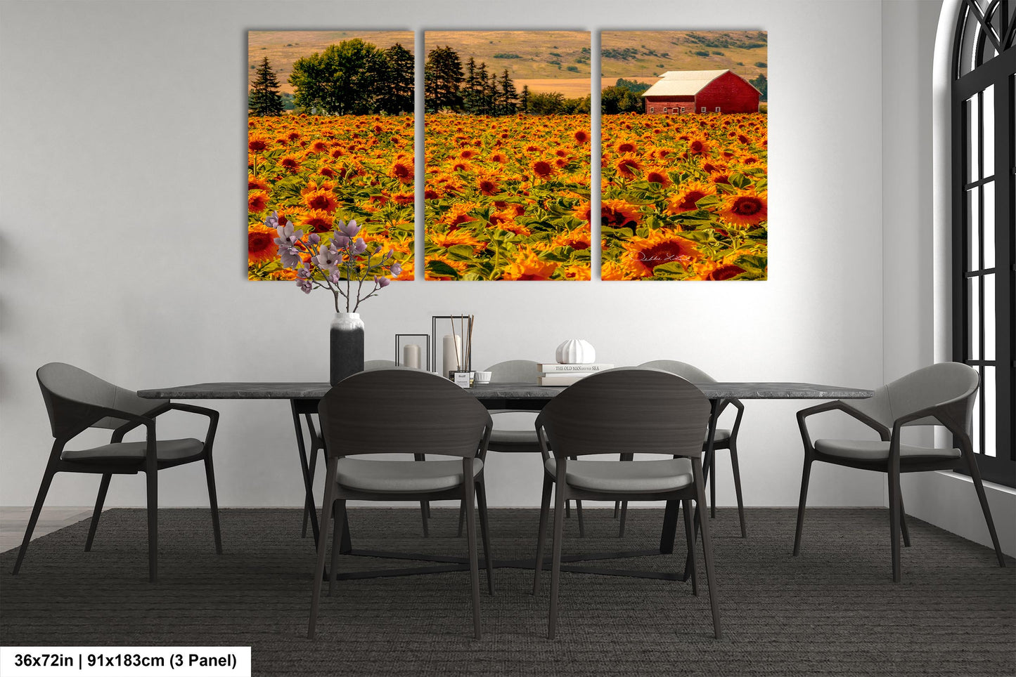 Home Decor Photograph Sunflower Field Landscape Wall Art, Rural America, Red Country Barn, Sunflowers, Northeastern Oregon Landscapes, USA