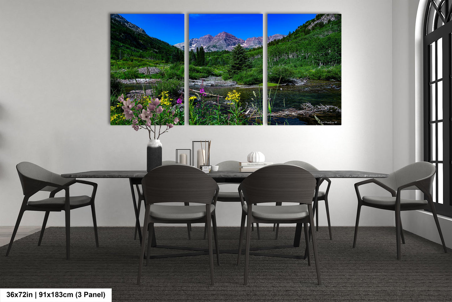 Maroon Bells summer landscape, Aspen Colorado, Colorado wall art, wildflower prints, San Juan mountains, triptych, aspen