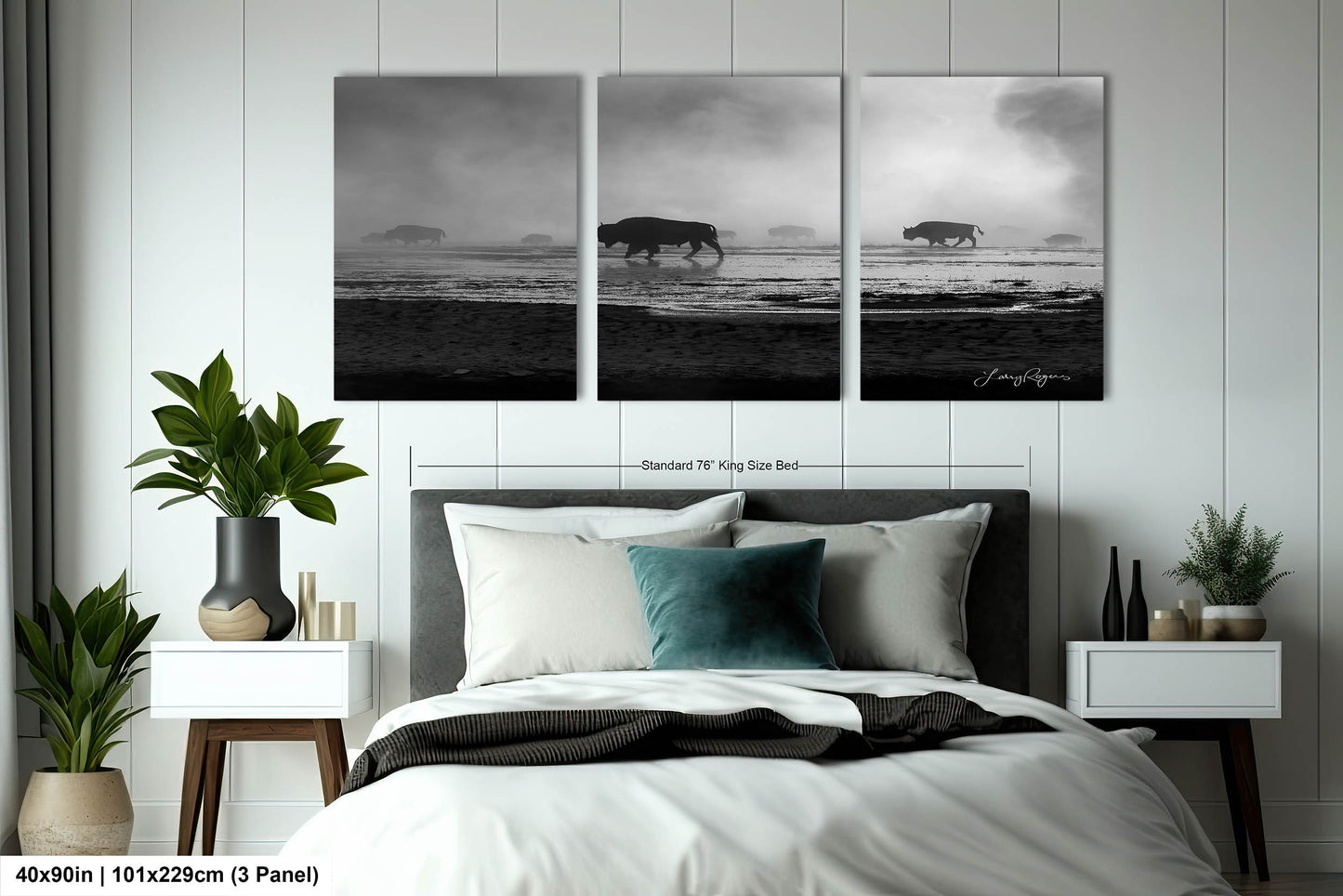 Bison in the Mist, Yellowstone, Western Wall Art, Black & White, Triptych, available on Paper, Canvas, Metal, and Acrylic