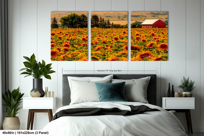 Home Decor Photograph Sunflower Field Landscape Wall Art, Rural America, Red Country Barn, Sunflowers, Northeastern Oregon Landscapes, USA