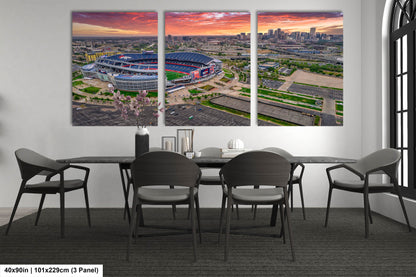 Denver Skyline at Sunrise with Empower Field - Broncos Stadium Aerial Photo
