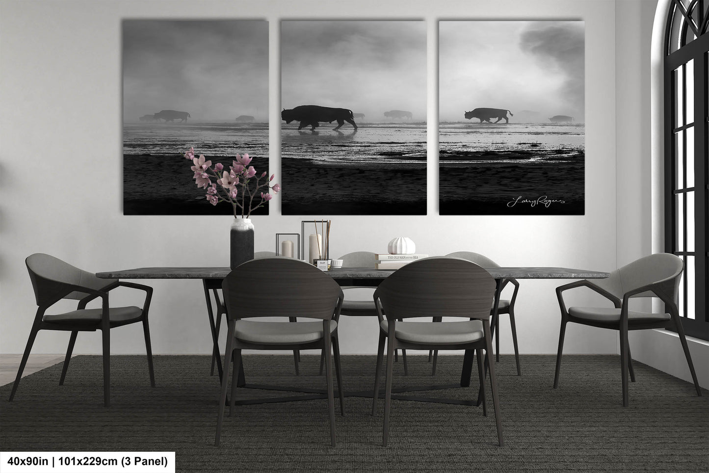 Bison in the Mist, Yellowstone, Western Wall Art, Black & White, Triptych, available on Paper, Canvas, Metal, and Acrylic