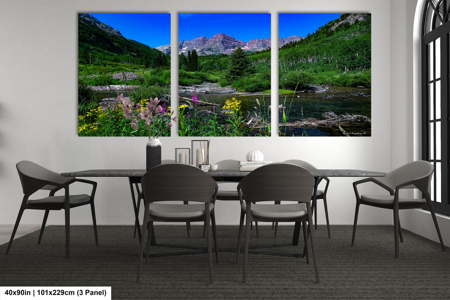 Maroon Bells summer landscape, Aspen Colorado, Colorado wall art, wildflower prints, San Juan mountains, triptych, aspen