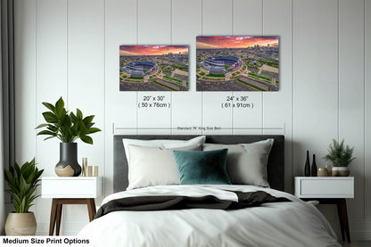 Denver Skyline at Sunrise with Empower Field - Broncos Stadium Aerial Photo