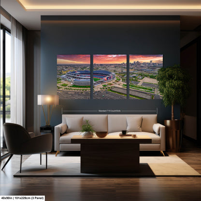 Denver Skyline at Sunrise with Empower Field - Broncos Stadium Aerial Photo