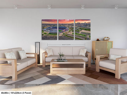 Denver Skyline at Sunrise with Empower Field - Broncos Stadium Aerial Photo
