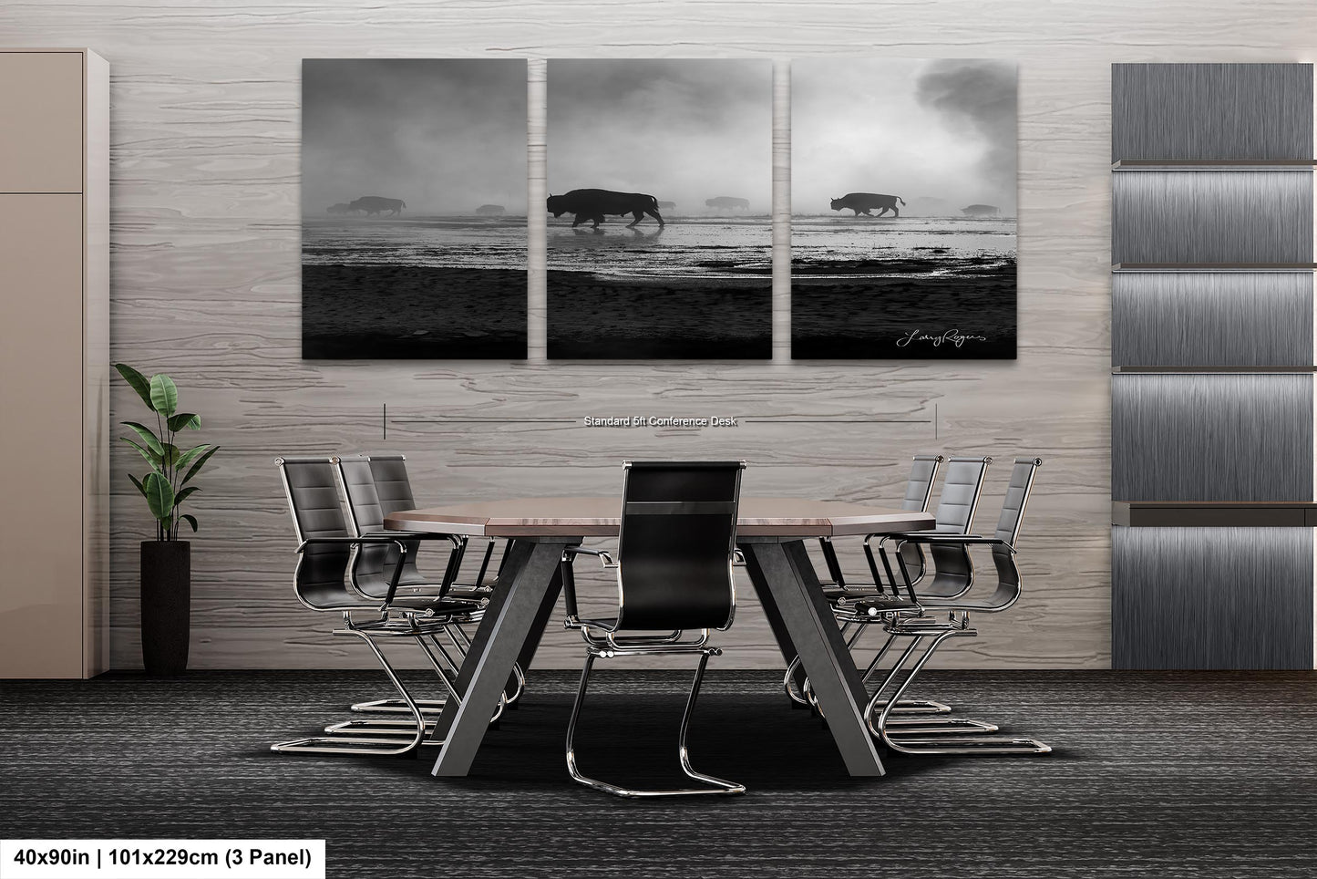 Bison in the Mist, Yellowstone, Western Wall Art, Black & White, Triptych, available on Paper, Canvas, Metal, and Acrylic