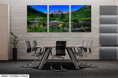 Maroon Bells summer landscape, Aspen Colorado, Colorado wall art, wildflower prints, San Juan mountains, triptych, aspen