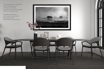 Bison in the Mist, Yellowstone, Western Wall Art, Black & White, Triptych, available on Paper, Canvas, Metal, and Acrylic