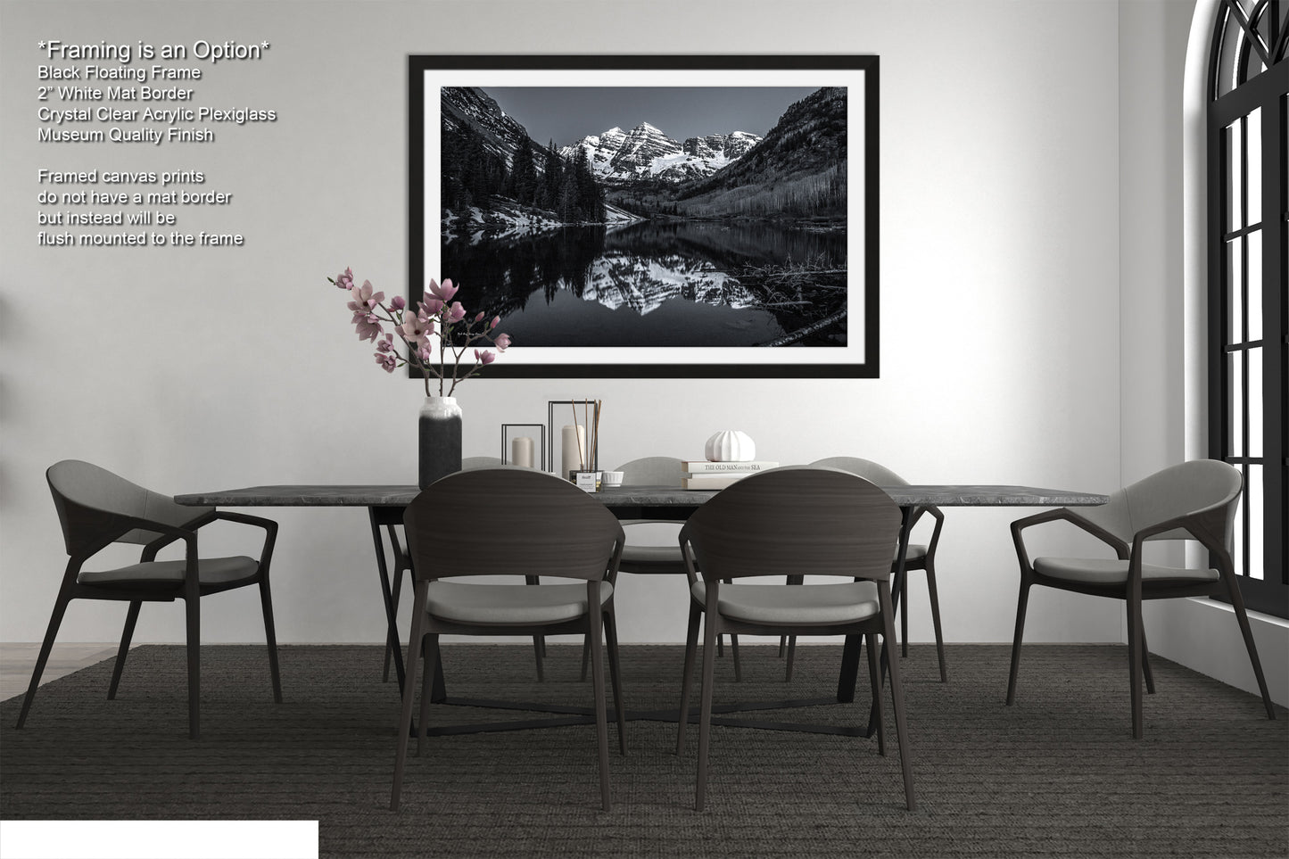 Maroon Bells black and white landscape picture, Aspen Colorado, large framed artwork, Colorado wall art, Rocky Mountains print