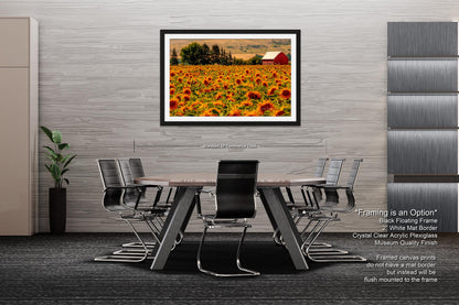 Home Decor Photograph Sunflower Field Landscape Wall Art, Rural America, Red Country Barn, Sunflowers, Northeastern Oregon Landscapes, USA