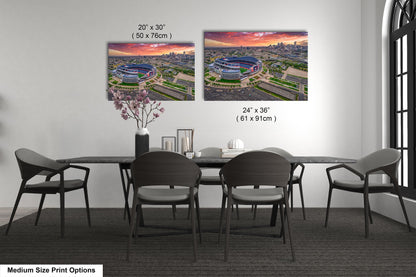 Denver Skyline at Sunrise with Empower Field - Broncos Stadium Aerial Photo