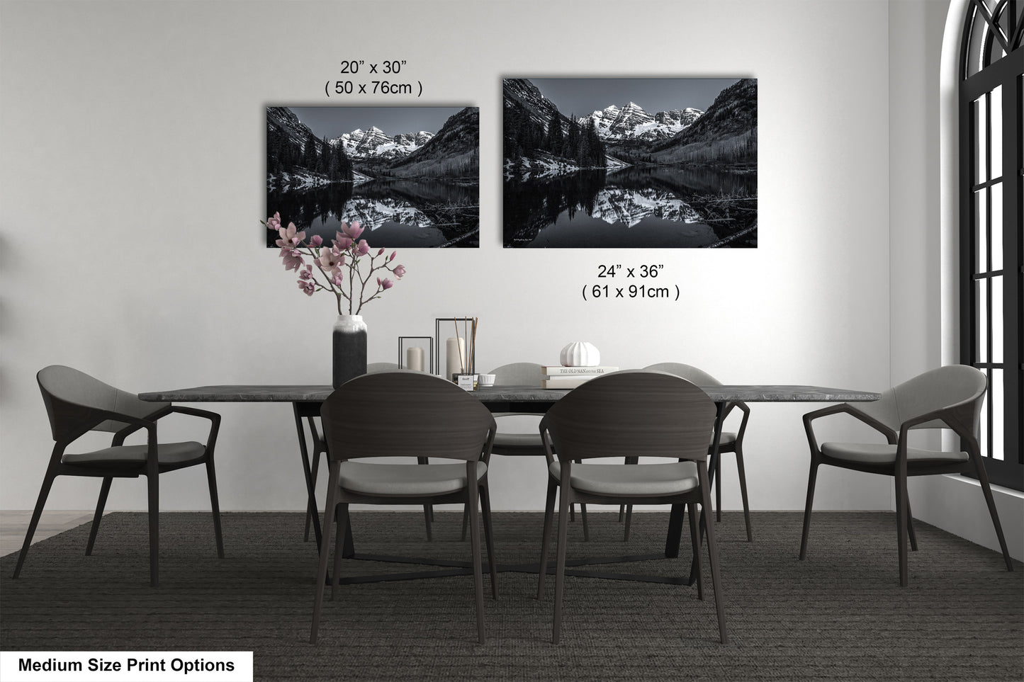 Maroon Bells black and white landscape picture, Aspen Colorado, large framed artwork, Colorado wall art, Rocky Mountains print