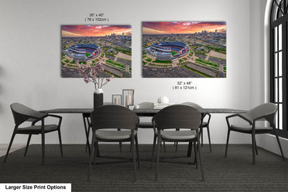 Denver Skyline at Sunrise with Empower Field - Broncos Stadium Aerial Photo