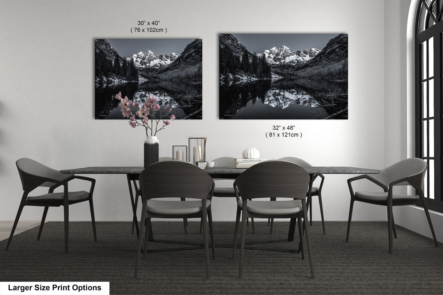 Maroon Bells black and white landscape picture, Aspen Colorado, large framed artwork, Colorado wall art, Rocky Mountains print