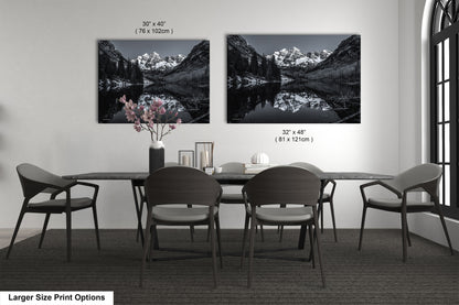 Maroon Bells black and white landscape picture, Aspen Colorado, large framed artwork, Colorado wall art, Rocky Mountains print