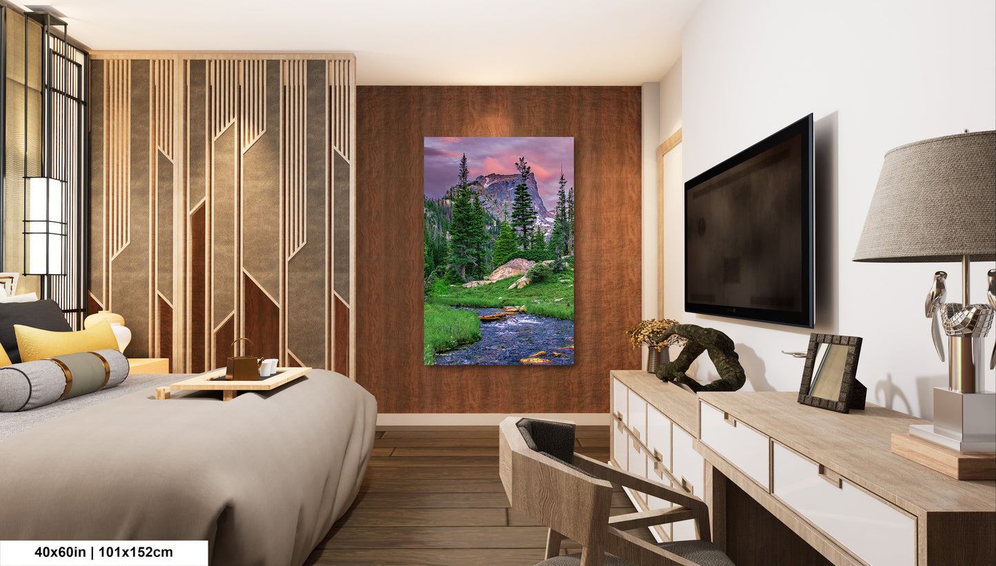 Rocky Mountain National Park, Dream Lake, Estes Park, large framed art work, vertical art, Hallett Peak, Flattop mountain, Colorado wall art