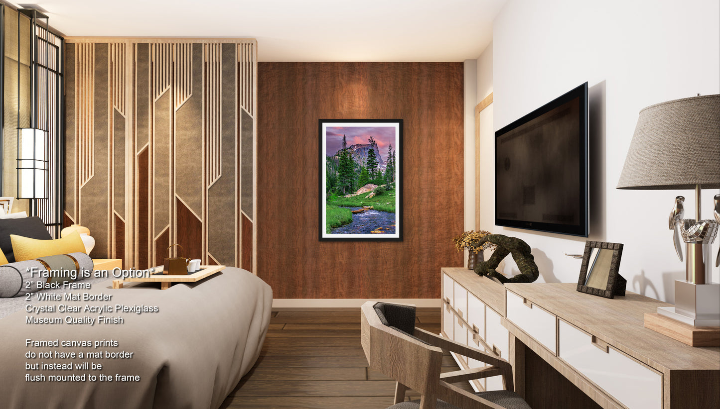 Rocky Mountain National Park, Dream Lake, Estes Park, large framed art work, vertical art, Hallett Peak, Flattop mountain, Colorado wall art