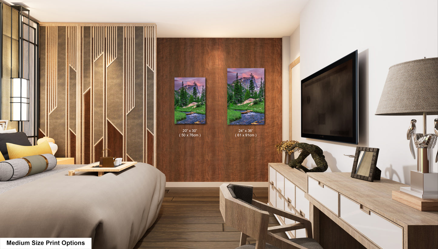 Rocky Mountain National Park, Dream Lake, Estes Park, large framed art work, vertical art, Hallett Peak, Flattop mountain, Colorado wall art