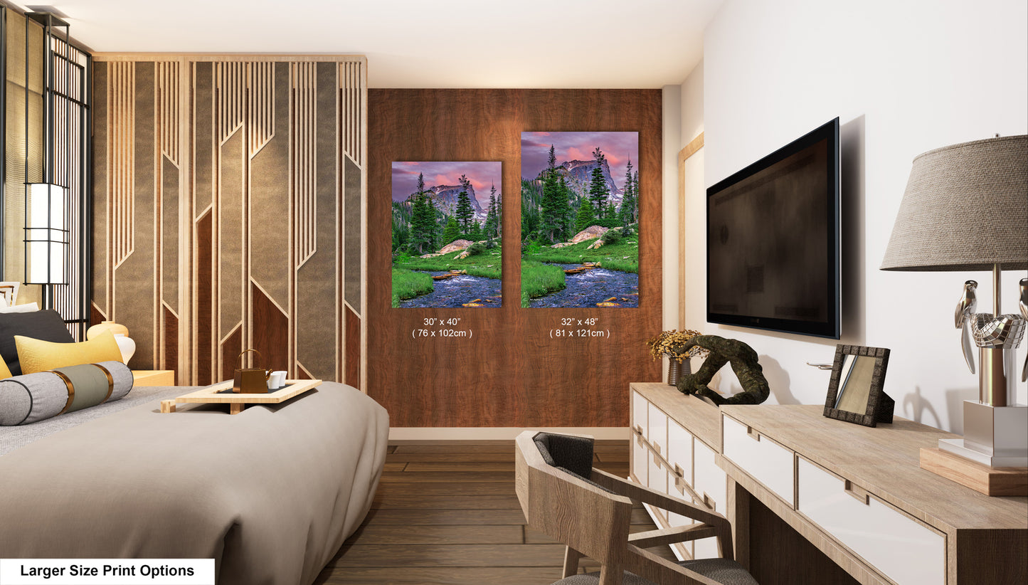 Rocky Mountain National Park, Dream Lake, Estes Park, large framed art work, vertical art, Hallett Peak, Flattop mountain, Colorado wall art
