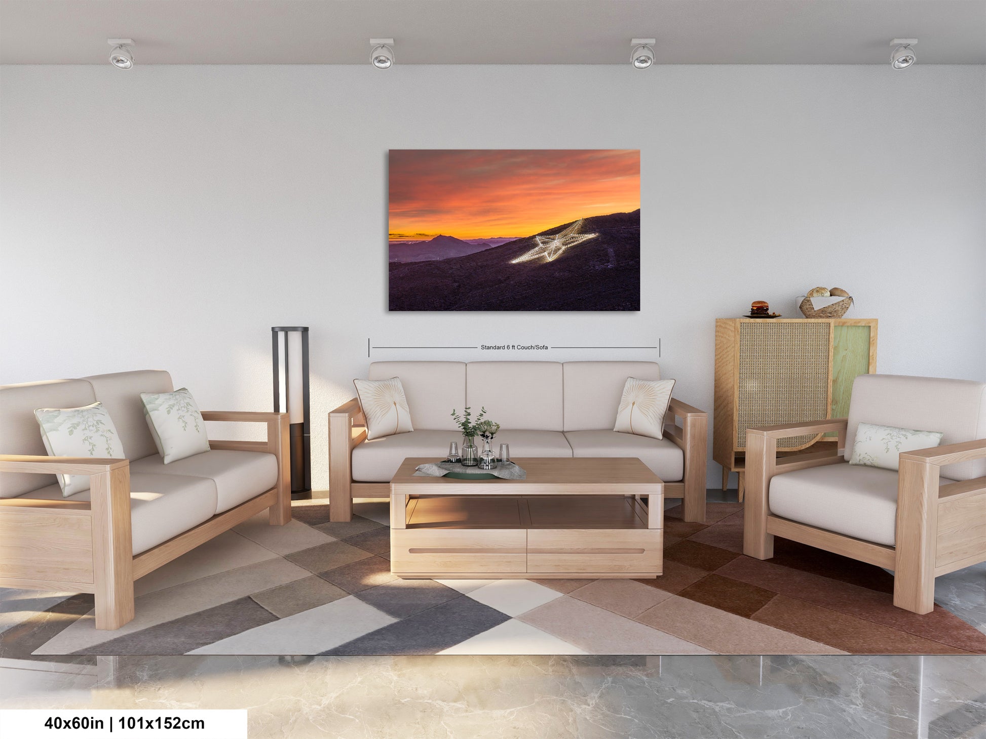 a living room filled with furniture and a painting on the wall