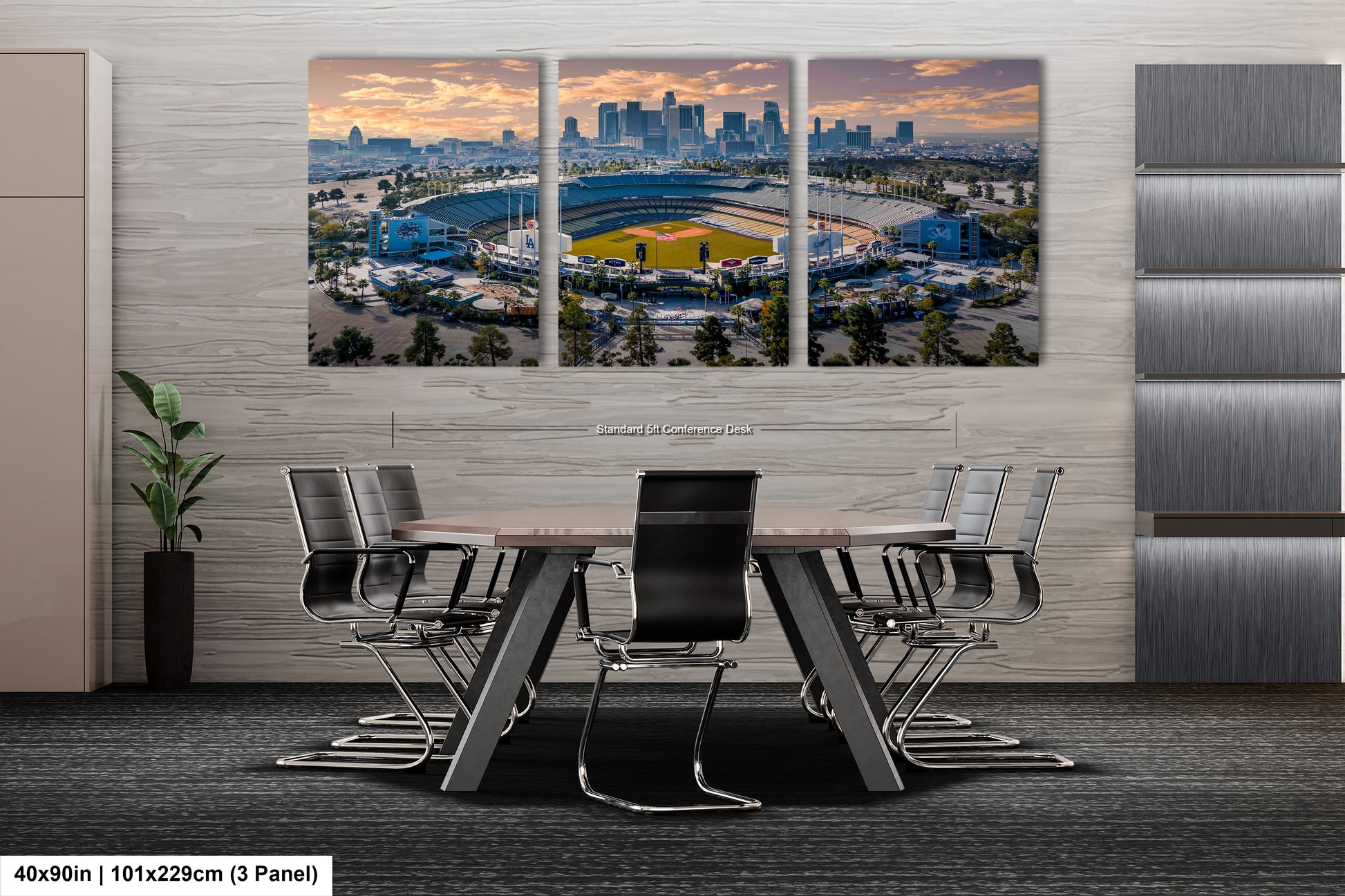 a dining room table with chairs and a view of a stadium