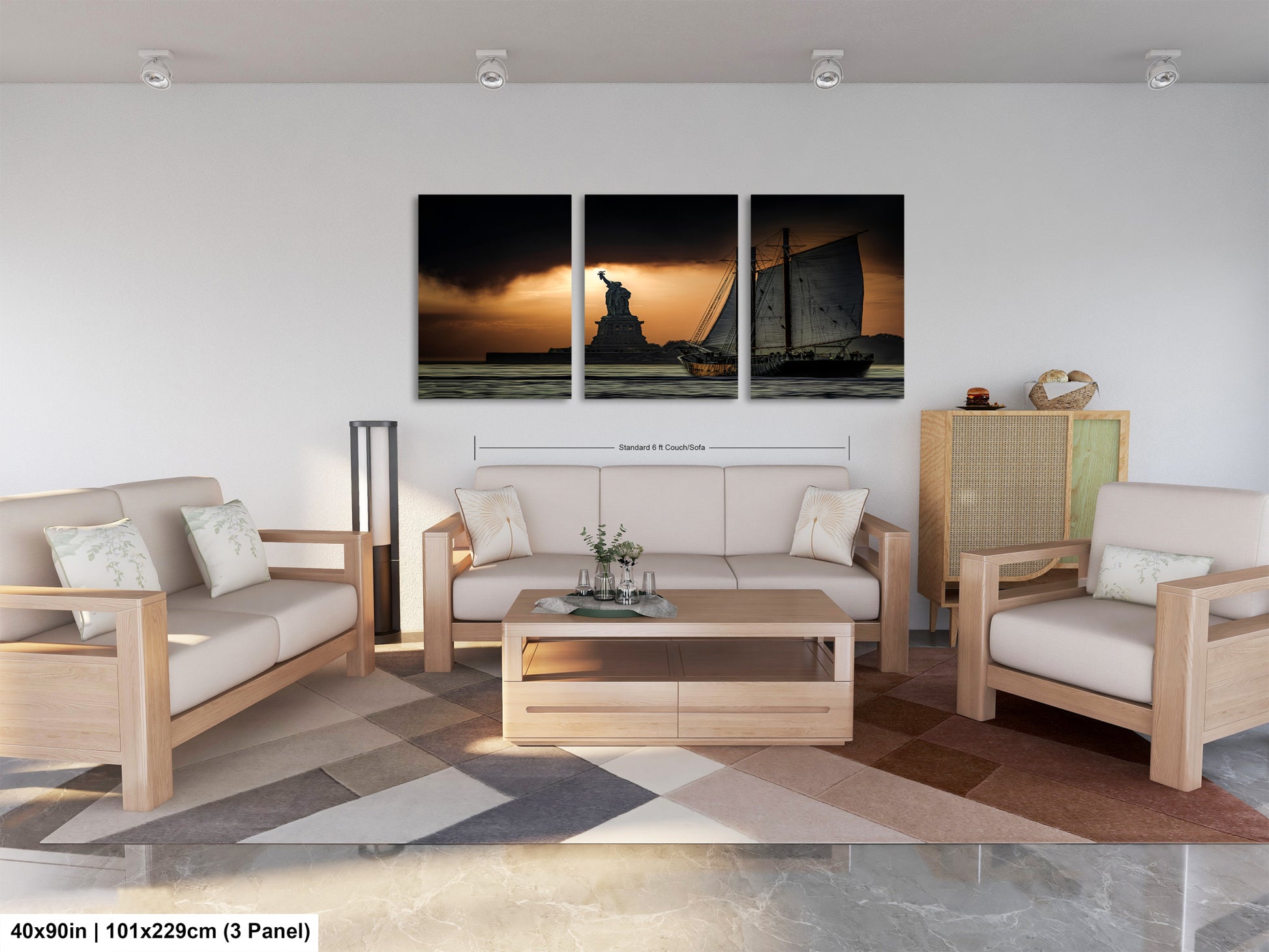 a living room filled with furniture and a painting on the wall