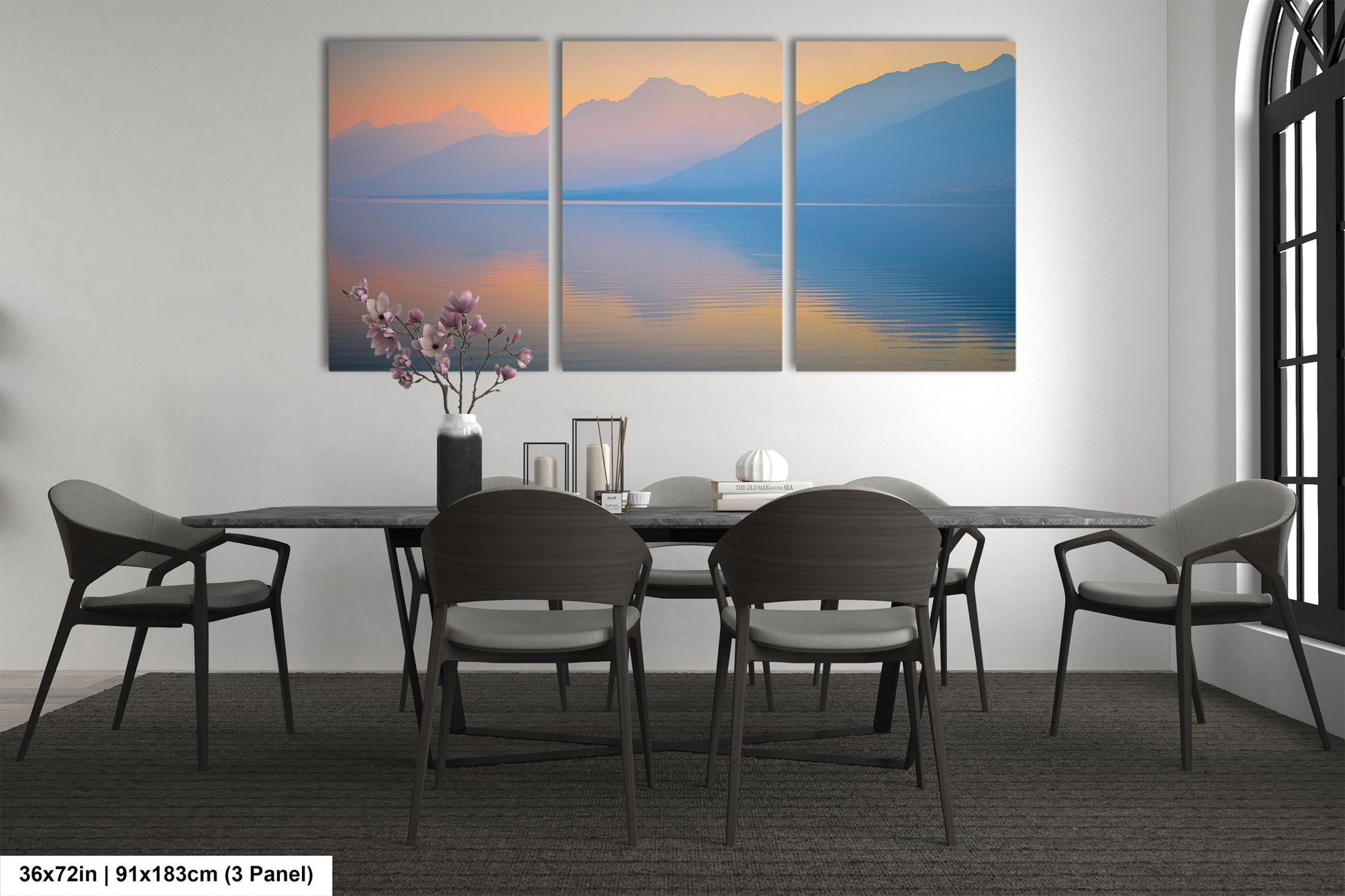 a dining room with a table and four chairs