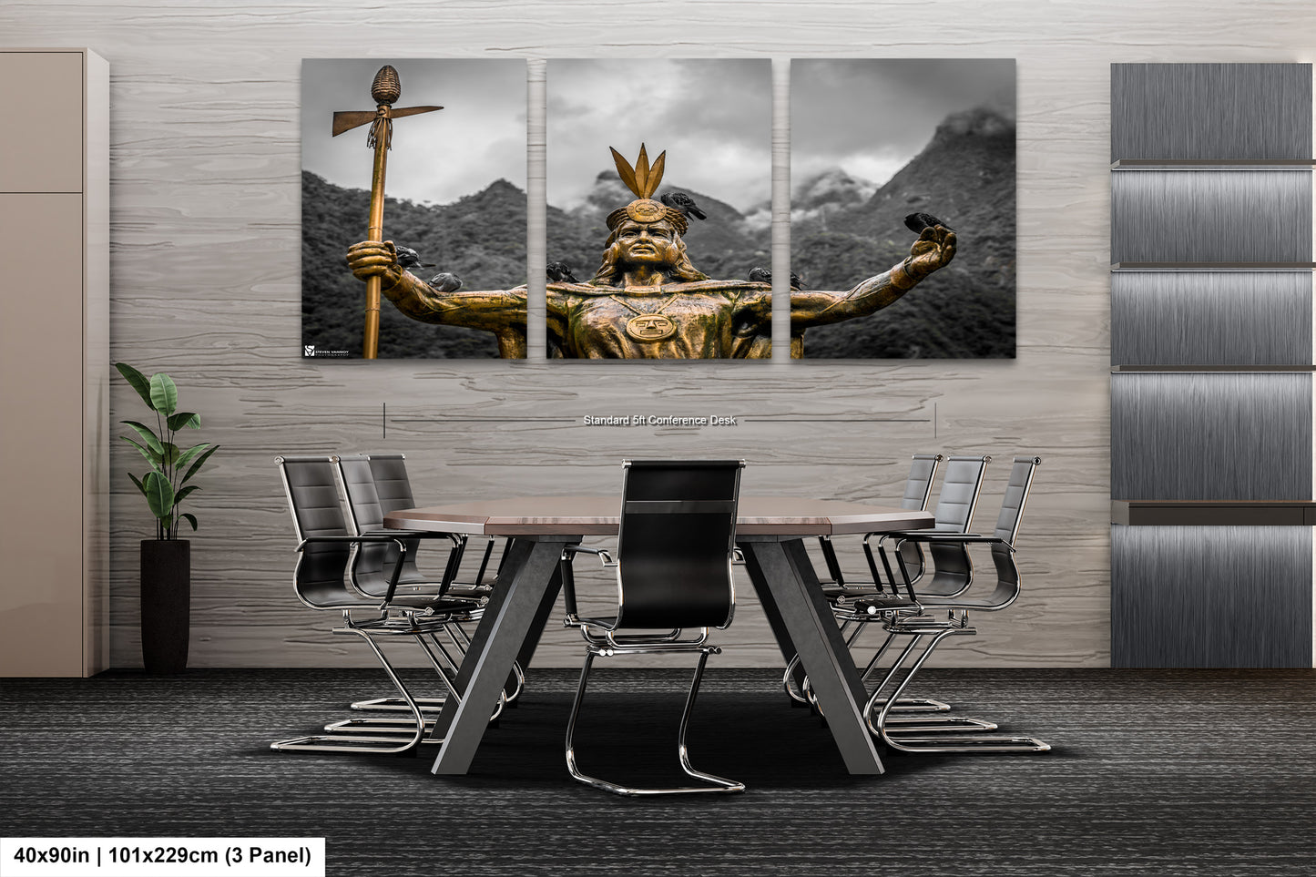 a dining room table with chairs and a painting on the wall