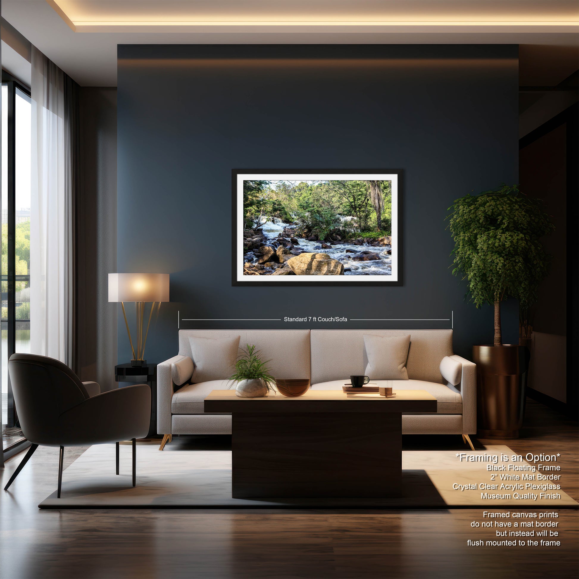 a living room with a couch a table and a painting on the wall