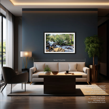 a living room with a couch a table and a painting on the wall