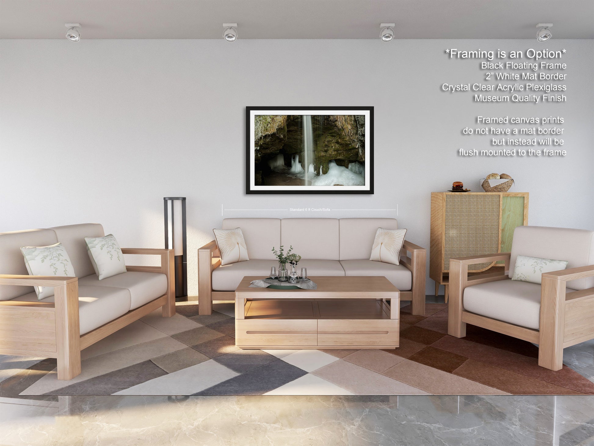 a living room filled with furniture and a painting on the wall