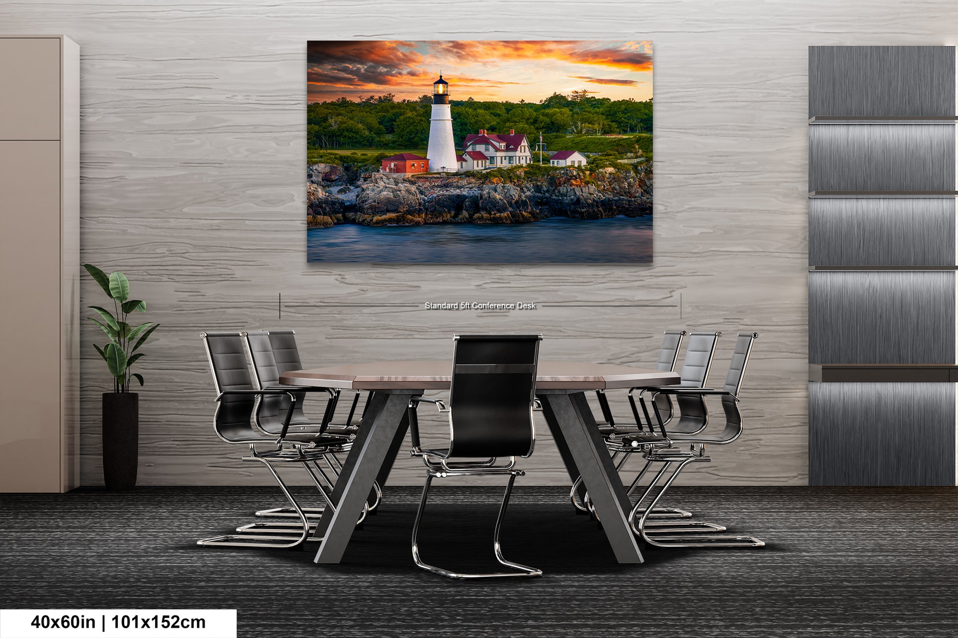a painting of a lighthouse on a wall above a table