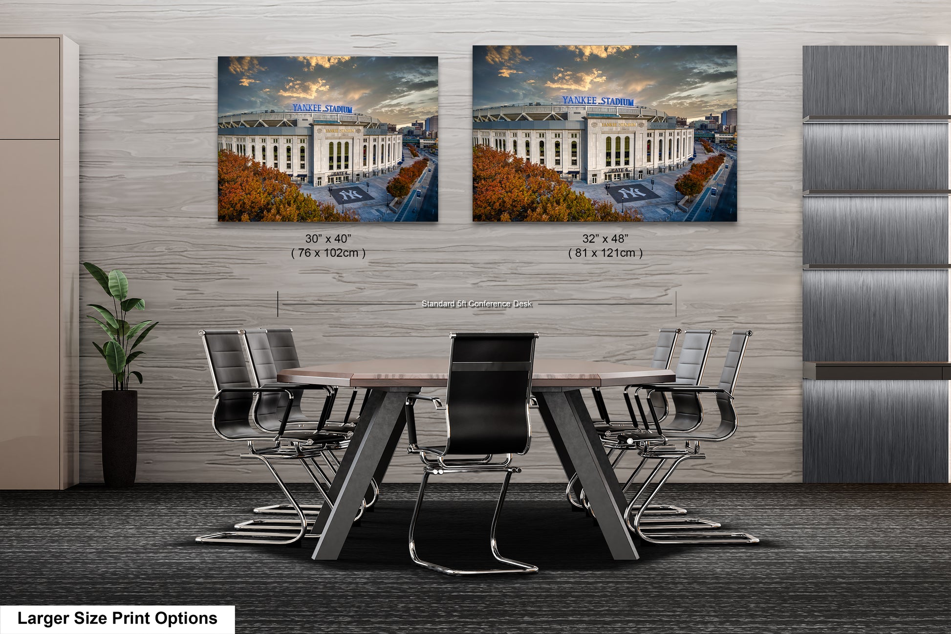 a dining room table with chairs and two pictures on the wall