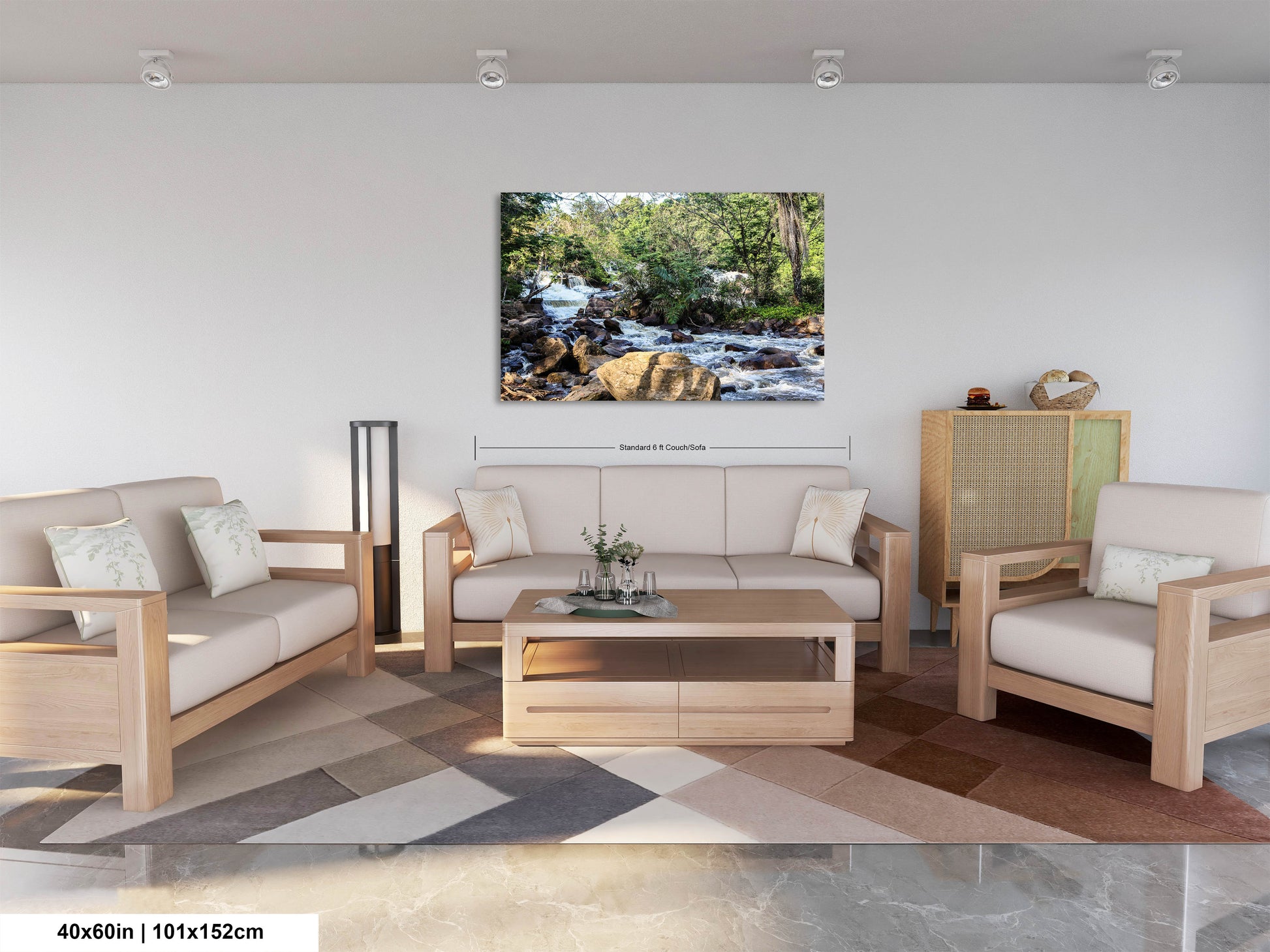 a living room filled with furniture and a painting on the wall
