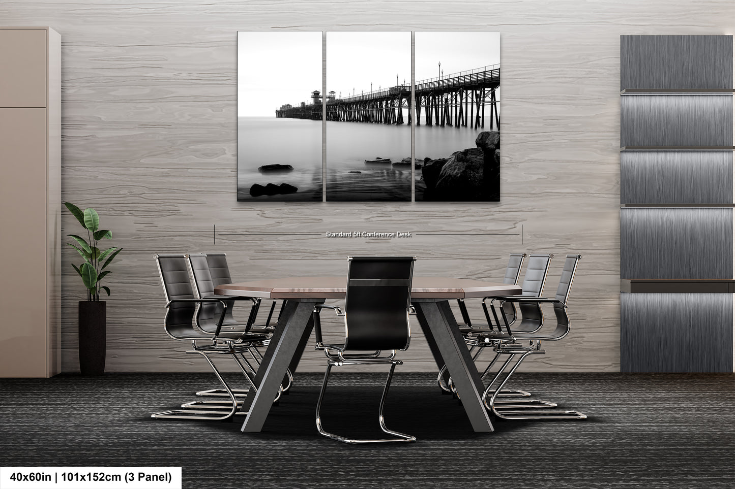 a dining room table with chairs and a picture of a pier