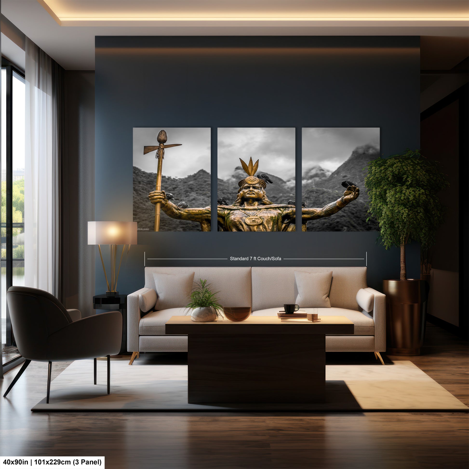 a living room with a couch a table and paintings