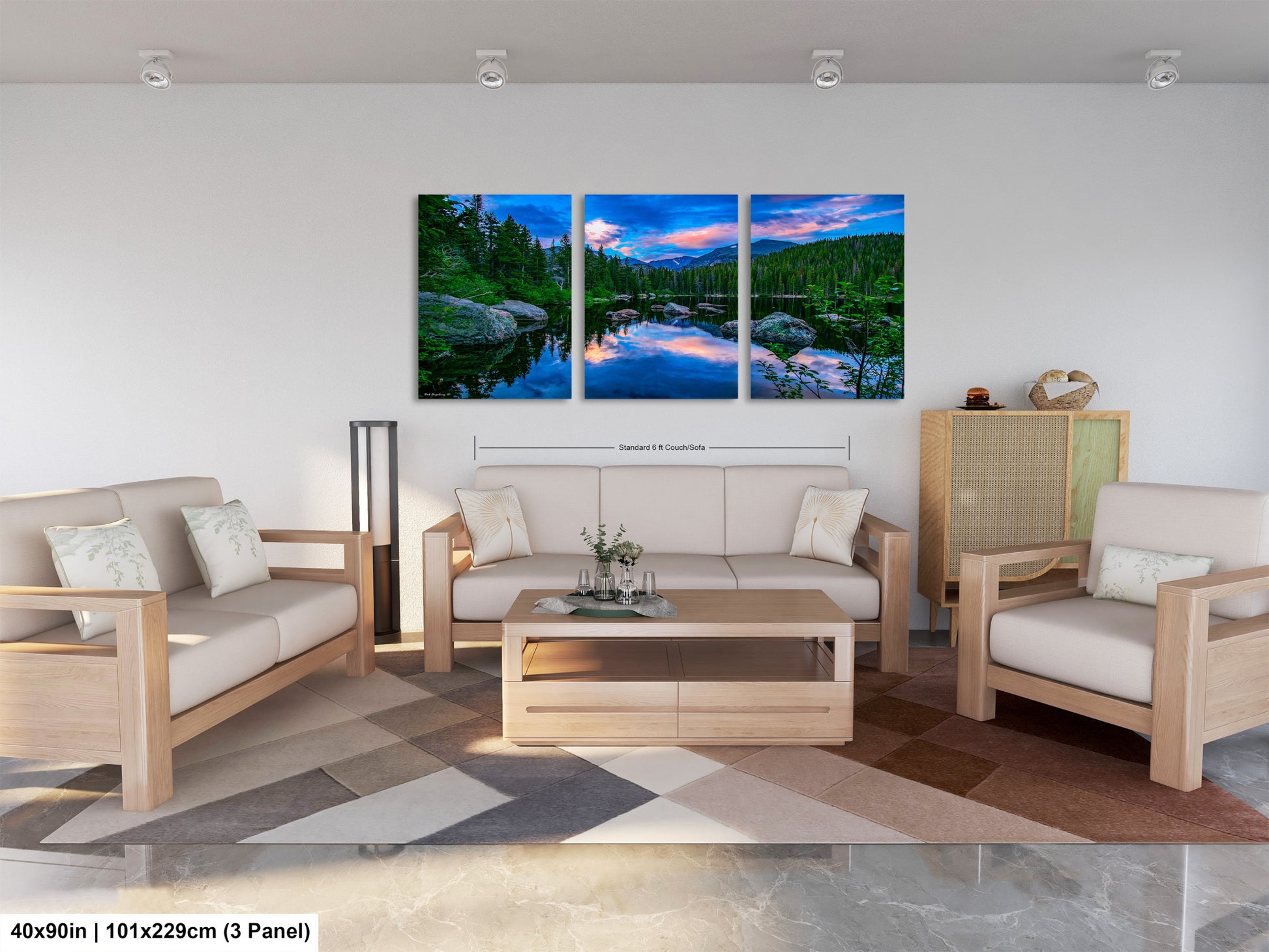 a living room filled with furniture and a painting on the wall